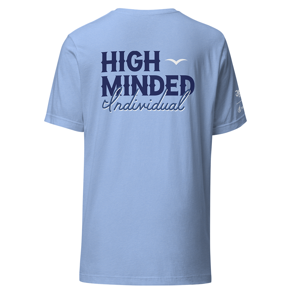 Back of Jetty Extracts x SeedTalent collaboration shirt featuring large "High Minded Individual" cannabis industry graphic.