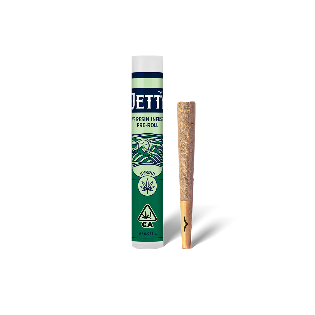 Hybrid 1 gram ECCO certified live resin infused pre-roll on clean background.
