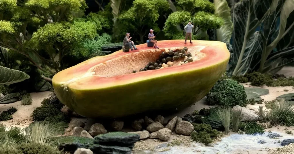Miniature fishermen stand on a halved papaya in a lush, surreal forest landscape.