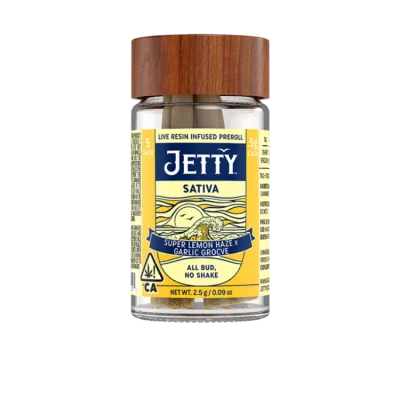 Close up of Jetty Extracts glass bottle with yellow label of High-THC Infused pre-rolls